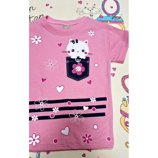 Детска лятна тениска в розово с котенце