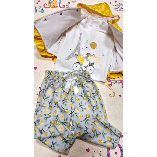 Бебешки комплект с жълт елек,блуза и панталон на цветя Бебешки комплект с жълт елек,блуза и панталон на цветя
