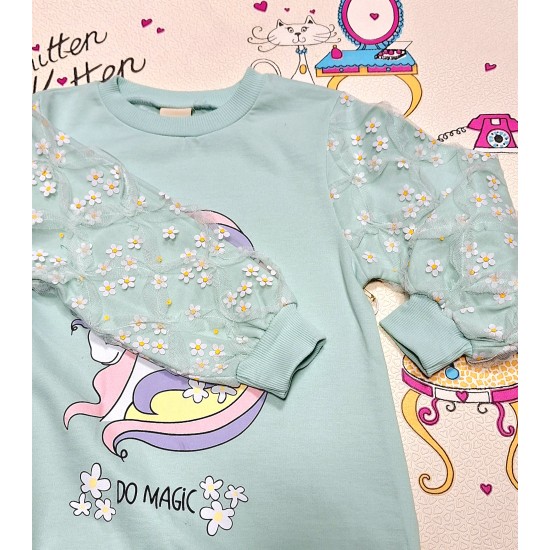 Детска рокля в резеда с тюлени ръкави  Еднорог