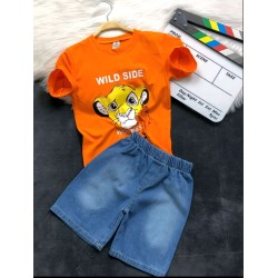 Детски летен комплект с оранжева тениска и къси дънкови панталони ,,Лъвчето Симба