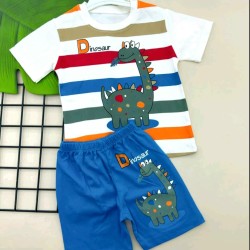Детски летен комплект в синьо и бяло ,,Динозаври Детски летен комплект в синьо и бяло ,,Динозаври