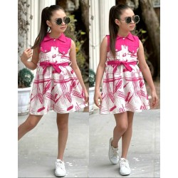 Лятна детска рокля в цикламено и бяло с коланче ЗУЗИ Лятна детска рокля в цикламено и бяло с коланче ЗУЗИ