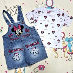 Летен дънков гащеризон с блуза  Мини Маус в розово