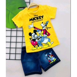 Детски летен комплект в жълто с къси дънкови панталони ,,Мики и приятели