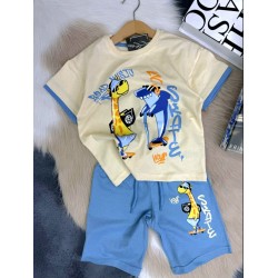 Детски летен комплект в бежово и синьо ,, Акулата и жирафа