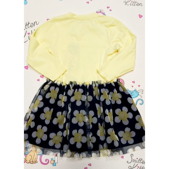 Детска рокля в жълто и тюл с мече и маргаритки Детска рокля в жълто и тюл с мече и маргаритки