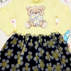 Детска рокля в жълто и тюл с мече и маргаритки Детска рокля в жълто и тюл с мече и маргаритки