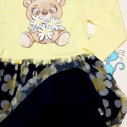 Детска рокля в жълто и тюл с мече и маргаритки