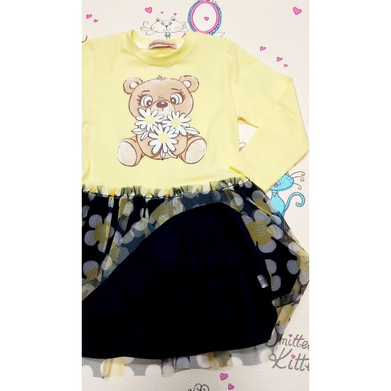 Детска рокля в жълто и тюл с мече и маргаритки Детска рокля в жълто и тюл с мече и маргаритки