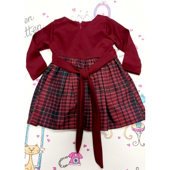 Бебешка елегантна рокля в бордо  и каре  Сърчице