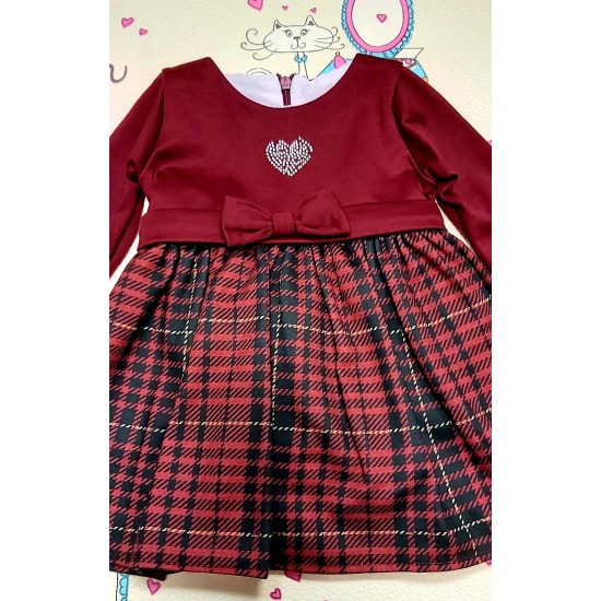 Бебешка елегантна рокля в бордо  и каре  Сърчице