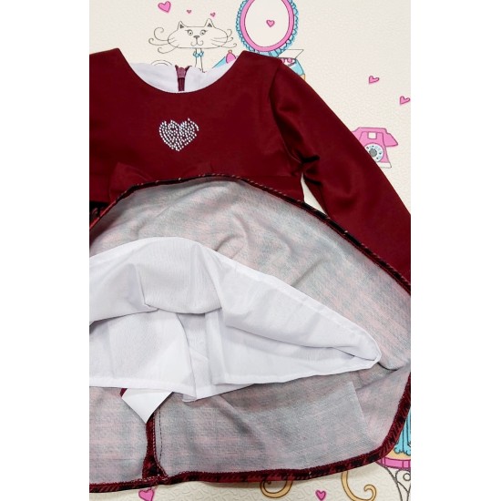 Бебешка елегантна рокля в бордо  и каре  Сърчице