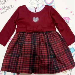 Бебешка елегантна рокля в бордо и каре Сърчице Бебешка елегантна рокля в бордо и каре Сърчице