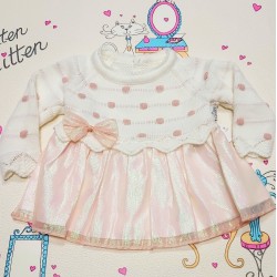 Плетена бебешка рокля в екрю и праскова с тюл Плетена бебешка рокля в екрю и праскова с тюл