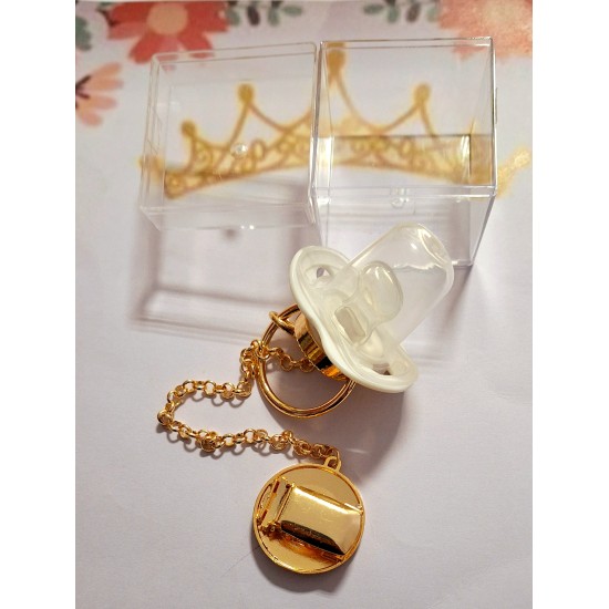 Луксозен биберон залъгалка с клипс в бяло и златисто ,,I love mum&dad