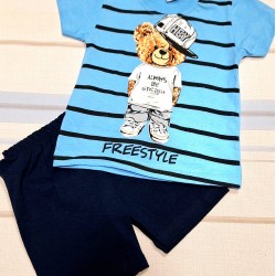 Детски летен комплект в синьо с мече  FREESTYLE"