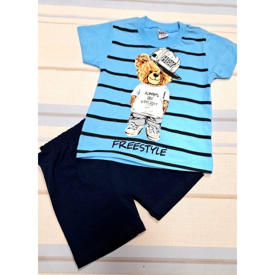 Детски летен комплект в синьо с мече Детски летен комплект в синьо с мече