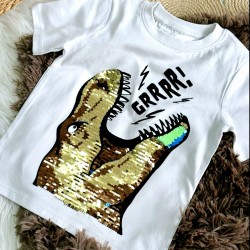 Детска сива тениска с динозавър с обръщащи пайети