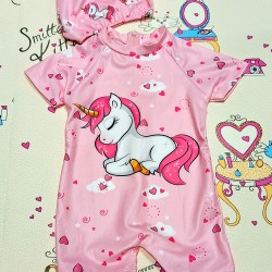 Детски цял бански с ръкави в розово  Еднорог