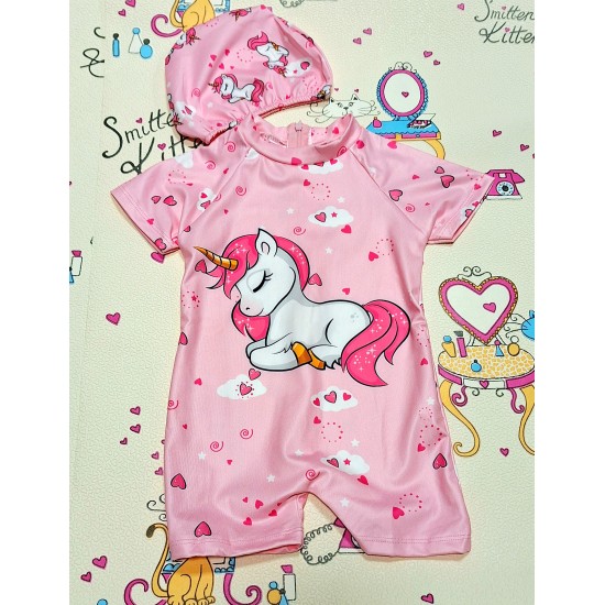 Детски цял бански с ръкави в розово ,,Еднорог