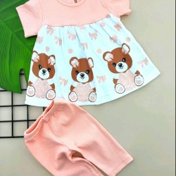 Бебешки летен комплект в праскова и бяло с клинче Мечета Бебешки летен комплект в праскова и бяло с клинче Мечета