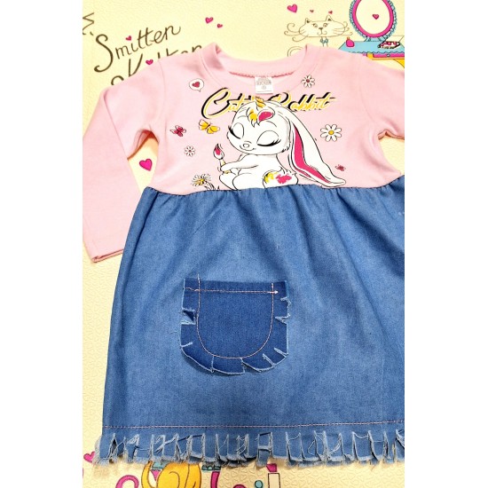 Детска рокля в розово и син деним  Зайче