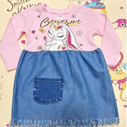 Детска рокля в розово и син деним Зайче Детска рокля в розово и син деним Зайче