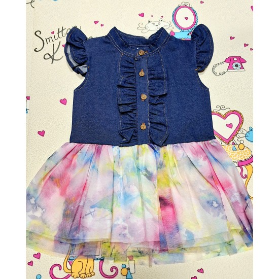 Детска рокля с дънков плат и цветен тюл