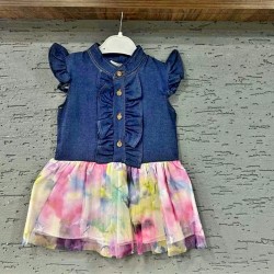 Детска рокля с дънков плат и цветен тюл Детска рокля с дънков плат и цветен тюл