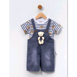 Детски летен гащеризон с тениска в синьо с играчка мече