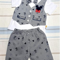 Бебешки елегантен летен комплект в тъмносиньо райе с папионка Мики Маус Бебешки елегантен летен комплект в тъмносиньо райе с папионка Мики Маус