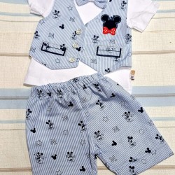 Бебешки елегантен летен комплект в светло синьо с папионка Мики Маус Бебешки елегантен летен комплект в светло синьо с папионка Мики Маус