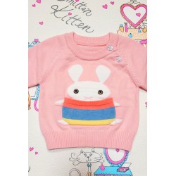 Бебешки пуловер в прасковено розово със зайче