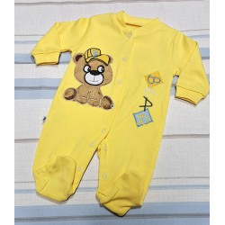 Бебешки памучен гащеризон в жълто с мече Бебешки памучен гащеризон в жълто с мече