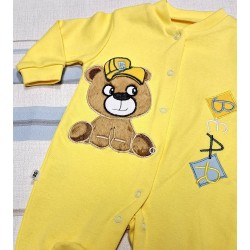 Бебешки памучен гащеризон в жълто с мече Бебешки памучен гащеризон в жълто с мече