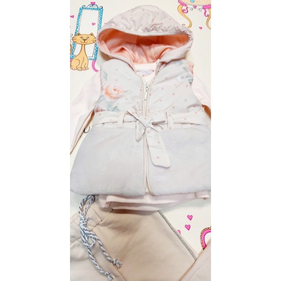 Бебешки комплект с елек в екрю с рози  BELLISSIMA