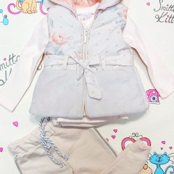 Бебешки комплект с елек в екрю с рози  BELLISSIMA