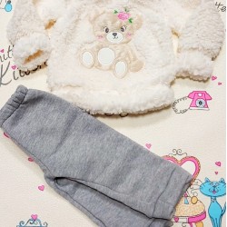 Бебешки ватиран комплект в  екрю и сиво с мече