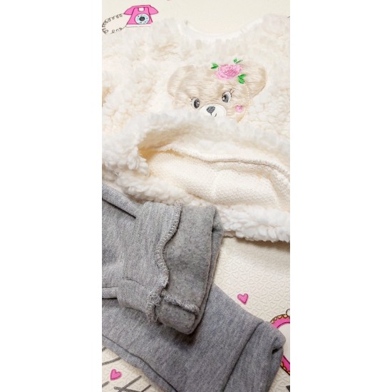 Бебешки ватиран комплект в  екрю и сиво с мече