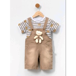 Детски летен гащеризон с тениска в бежово с играчка мече Детски летен гащеризон с тениска в бежово с играчка мече