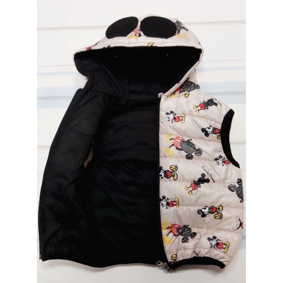 Детски шушляков елек с ушички с принт на Мики Маус в бежово