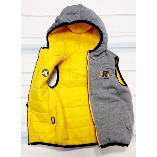 Двулицев детски шушляков елек в жълто и сиво с качулка