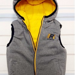 Двулицев детски шушляков елек в жълто и сиво с качулка Двулицев детски шушляков елек в жълто и сиво с качулка