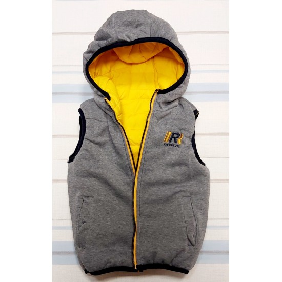 Двулицев детски шушляков елек в жълто и сиво с качулка