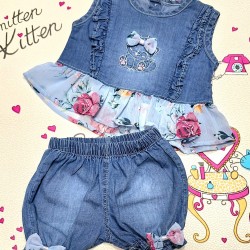 Бебешки летен дънков комплект със сини къдрички на цветя Бебешки летен дънков комплект със сини къдрички на цветя