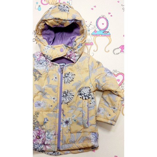 Детско преходно яке в жълто и лилаво на цветя с качулка Детско преходно яке в жълто и лилаво на цветя с качулка