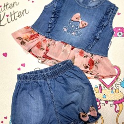 Бебешки летен дънков комплект ,,Котенце'' с къдрички в праскова