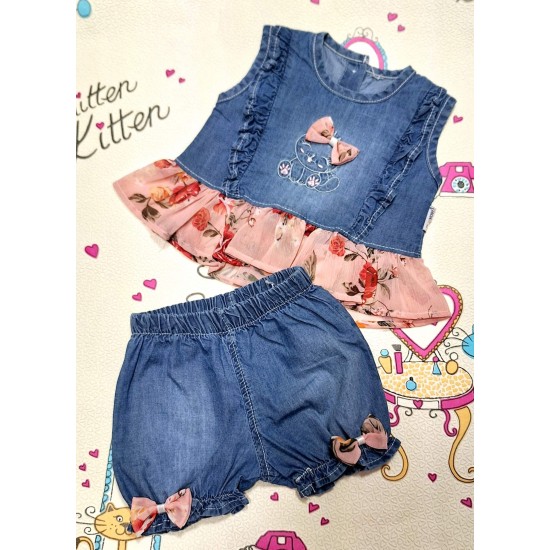 Бебешки летен дънков комплект ,,Котенце'' с къдрички в праскова Бебешки летен дънков комплект ,,Котенце'' с къдрички в праскова