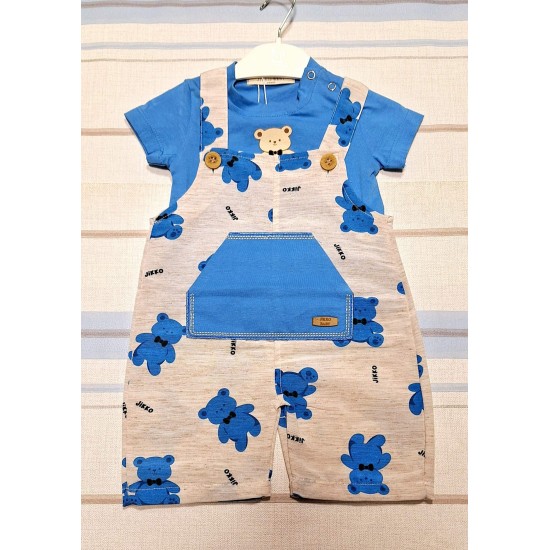 Бебешки летен гащеризон в бежово на сини мечета със синя тениска