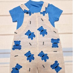 Бебешки летен гащеризон в бежово на сини мечета със синя тениска